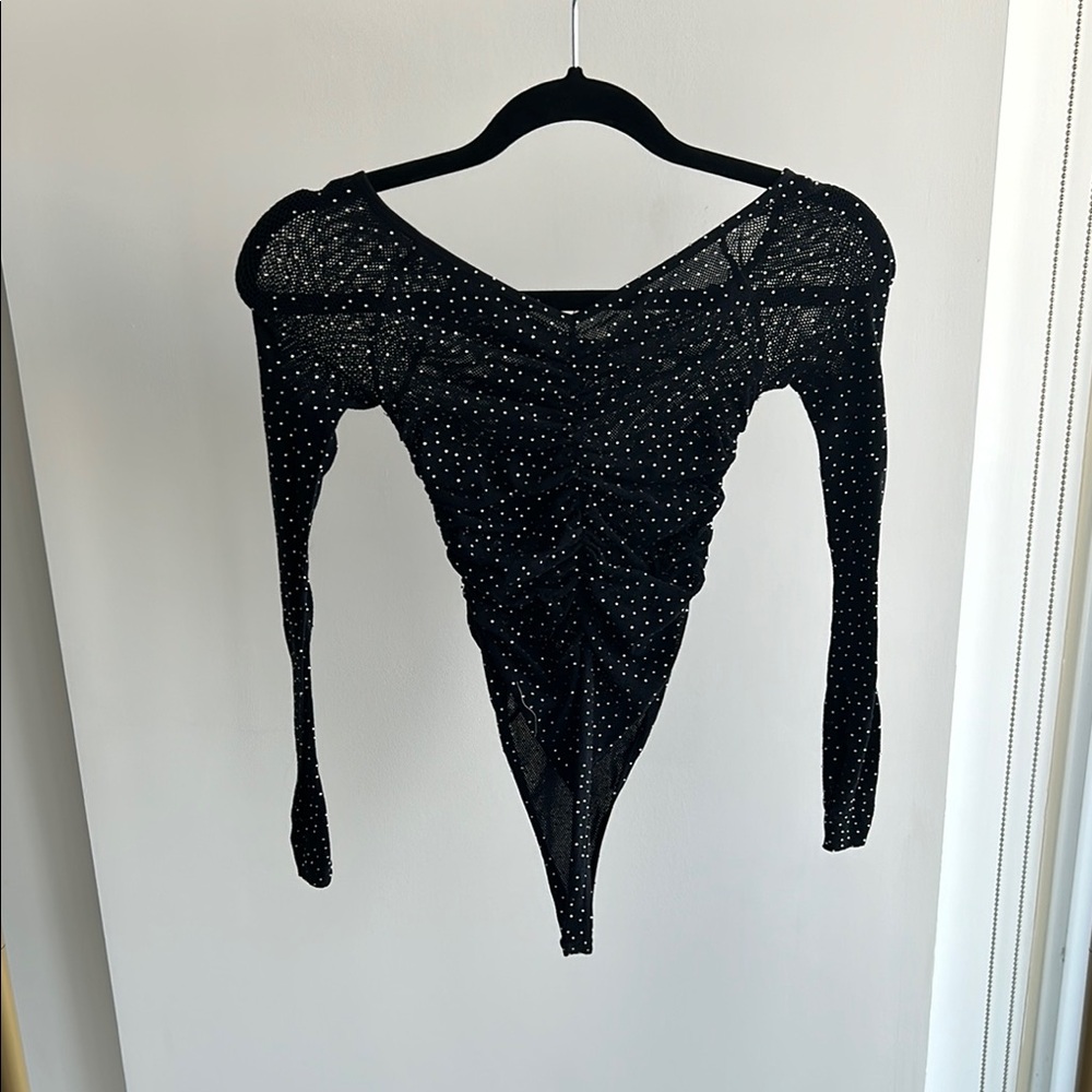 Black Long Sleeve Ruched Bodysuit with Sparkles
